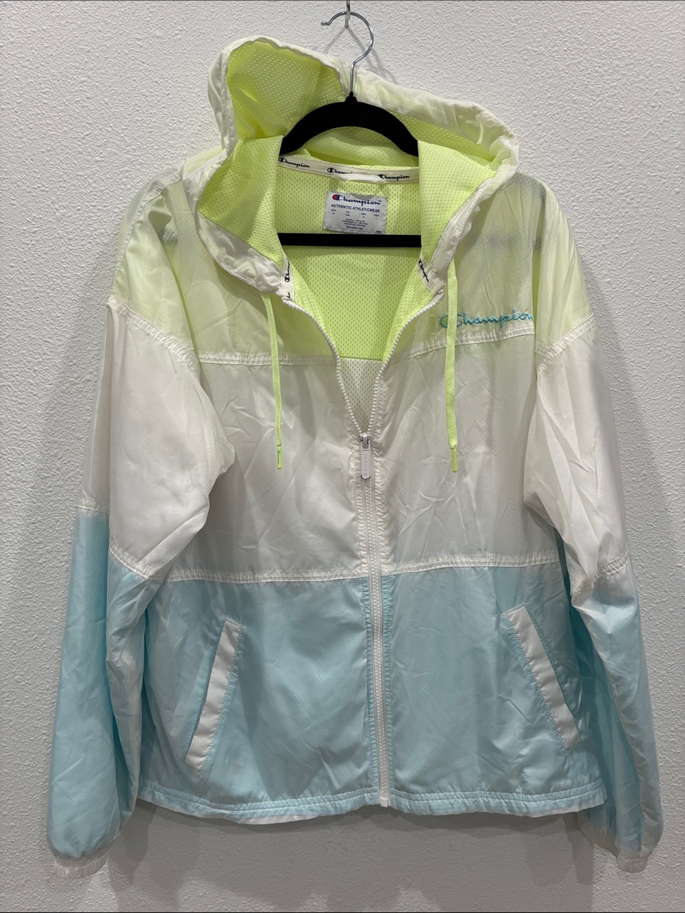 Champion Colorblock Windbreaker Jacket in Light Blue, White & Neon Yellow
